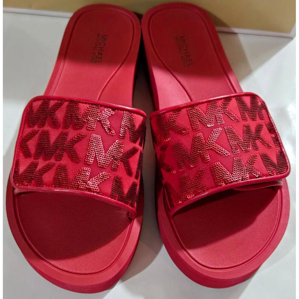 Michael Kors Platform Slides Scuba Crimson Red Flip Flop Sandal 7 M NEW